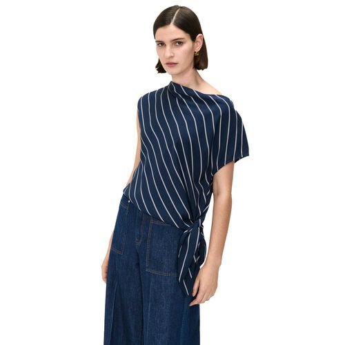 Veronika Maine Navy Pinstripe Draped Top